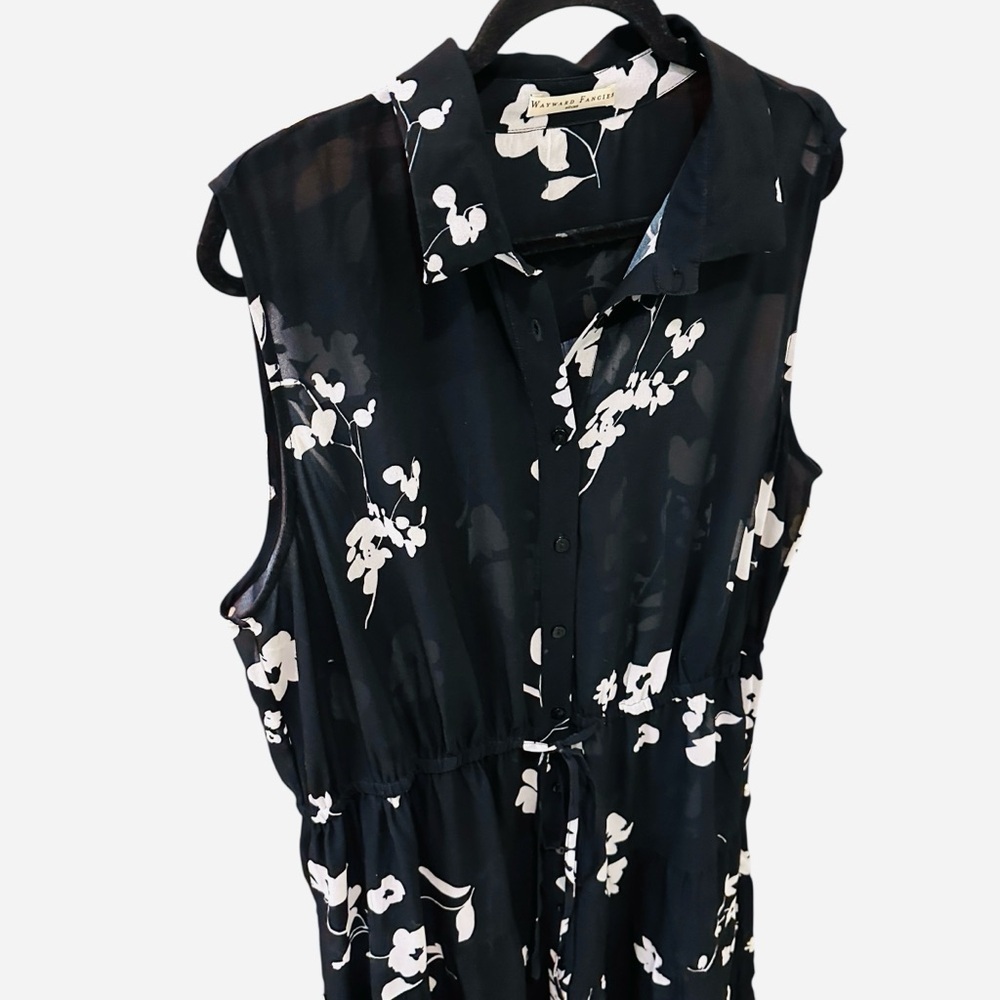 Wayward Fancies sheer sleeveless black white floral button down tiered dress - Picture 8 of 10